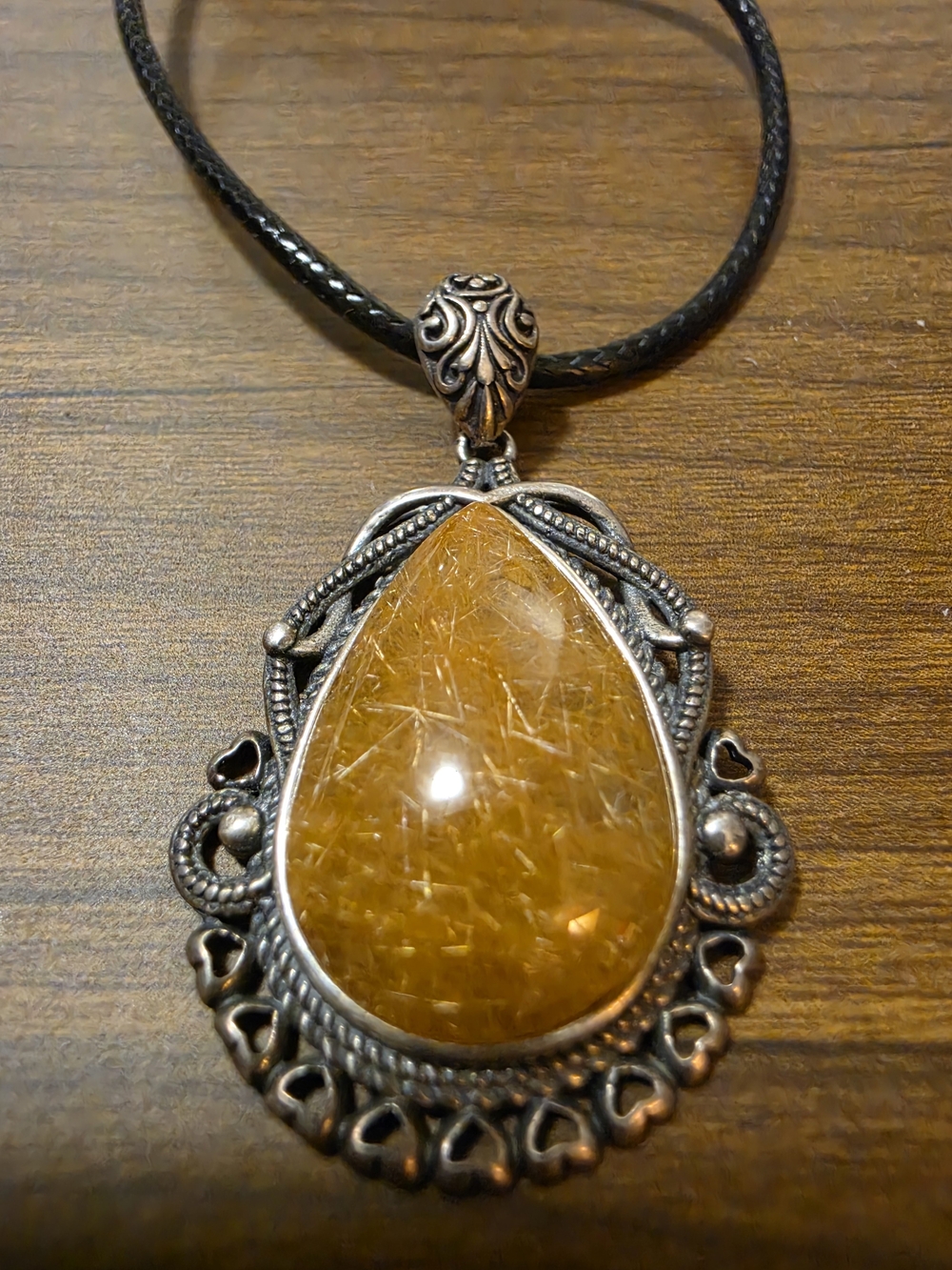 Golden Rutilated Teardrop Stone Pendant Necklace - Women Jewelry S925